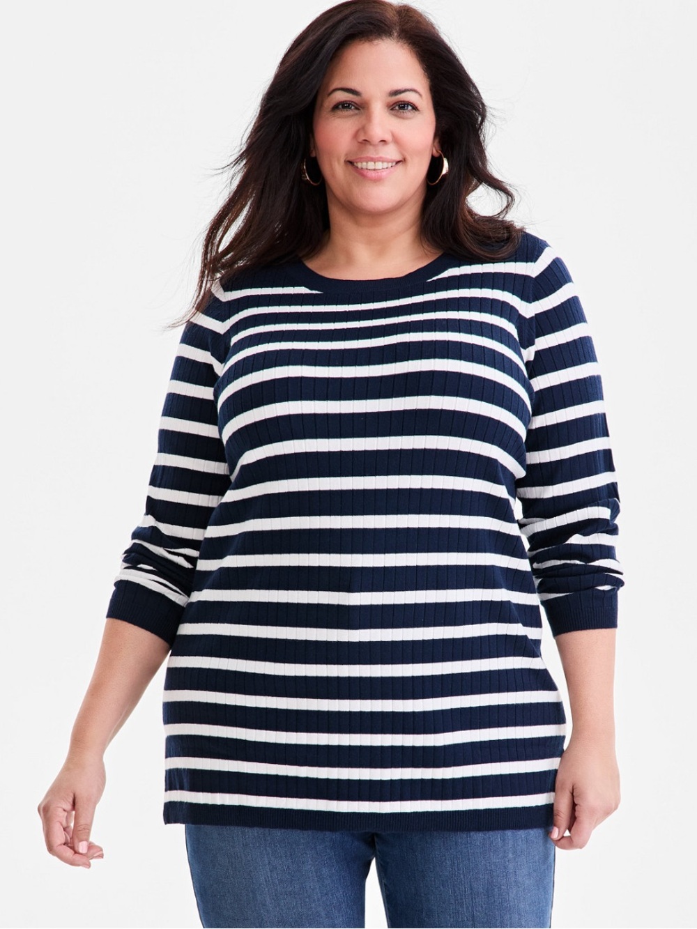 Plus Size Women’s Navy & White Striped Ribbed Boat Neck Sweater Classic Preppy
